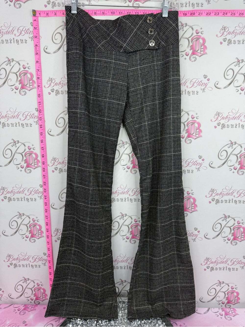 SEDUCTION pants flare leg buttons y2k Plaid High-Rise Flared Trousers — Gray